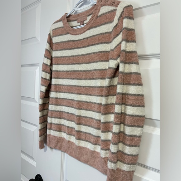 Barefoot Dreams CozyChic Ultra Lite Rose and Gray Striped Sweater - Picture 7 of 10